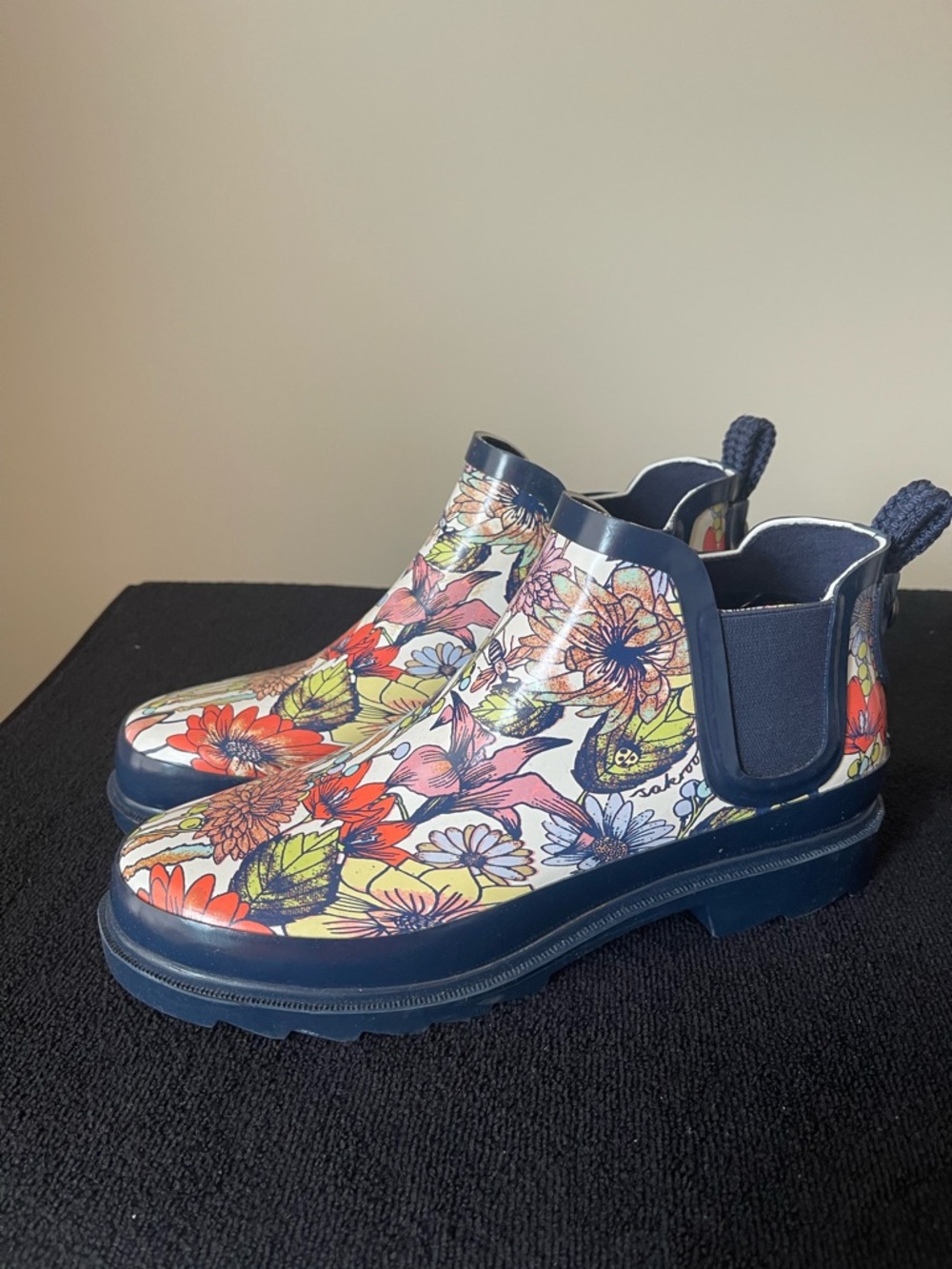 NWOT...Sakroots Floral Chelsea Rain Boots - Navy Trim with Multicolor Flowers